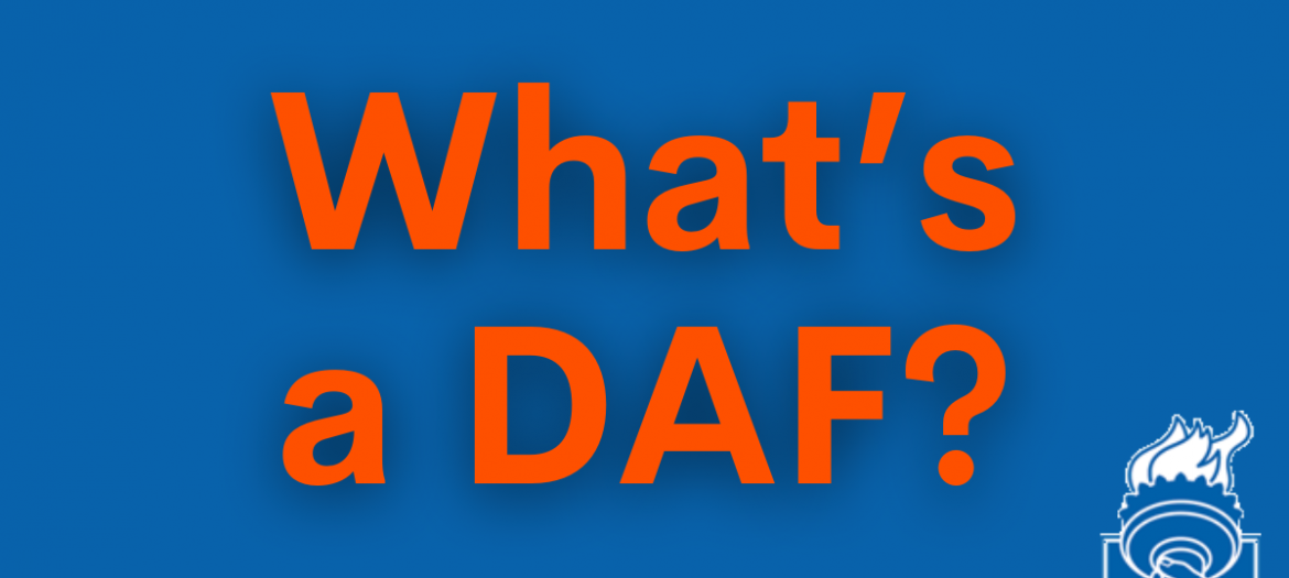 What's a DAF? graphic, blue background with dark orange writing and WEJF logo in lower right corner