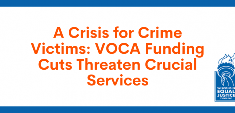A Crisis for Crime Victims blog post title on white background and blue border with orange font and blue WEJF logo in lower right corner