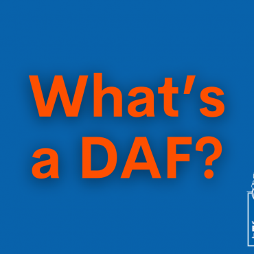 What's a DAF? graphic, blue background with dark orange writing and WEJF logo in lower right corner
